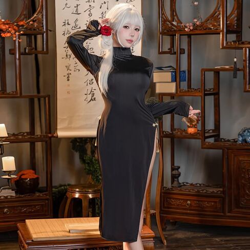 فستان شيونغسام مثير للنساء ملابس داخلية زي طويل على الطراز الصيني أنيمي كوسبلاي لعب الأدوار شفاف من خلال فتحة عالية تشيباو بودي كون قميص نوم بيبي دول ثونغ أسود in Kuwait