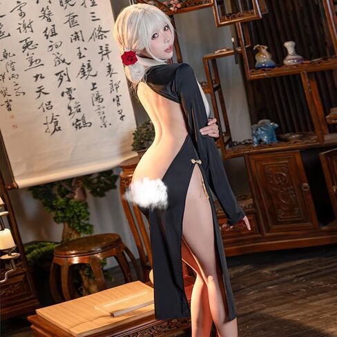 فستان شيونغسام مثير للنساء ملابس داخلية زي طويل على الطراز الصيني أنيمي كوسبلاي لعب الأدوار شفاف من خلال فتحة عالية تشيباو بودي كون قميص نوم بيبي دول ثونغ أسود in Kuwait