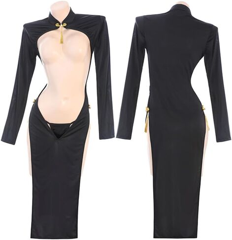 فستان شيونغسام مثير للنساء ملابس داخلية زي طويل على الطراز الصيني أنيمي كوسبلاي لعب الأدوار شفاف من خلال فتحة عالية تشيباو بودي كون قميص نوم بيبي دول ثونغ أسود in Kuwait