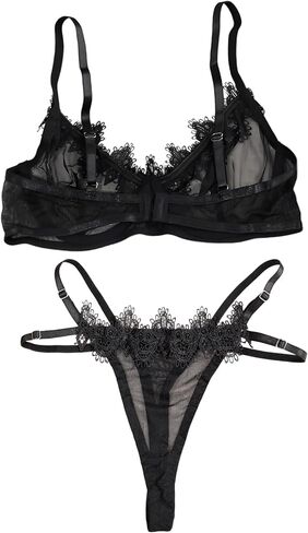 Lace Mesh See Through Bra and Panty Cute Underwear Lingerie Sets for Women Sexy Black in Kuwait