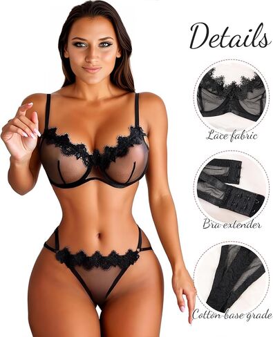 Lace Mesh See Through Bra and Panty Cute Underwear Lingerie Sets for Women Sexy Black in Saudi Arabia