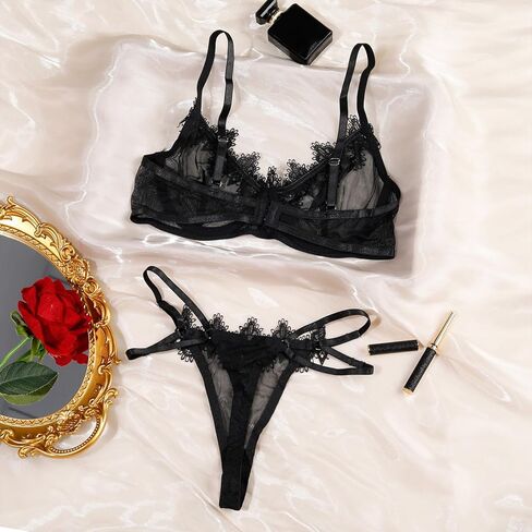 Lace Mesh See Through Bra and Panty Cute Underwear Lingerie Sets for Women Sexy Black in Saudi Arabia