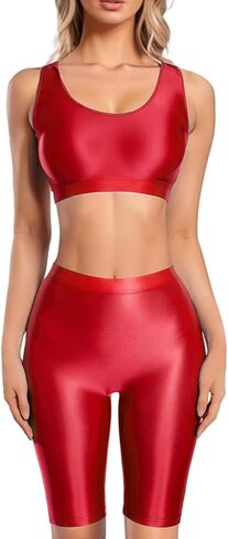 FEOYA Women's Oil Shiny Racerback Crop Tank Top and Knee Length Biker Shorts Set for Disco Party Club in Saudi Arabia