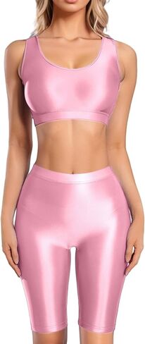 FEOYA Women's Oil Shiny Racerback Crop Tank Top and Knee Length Biker Shorts Set for Disco Party Club in Saudi Arabia