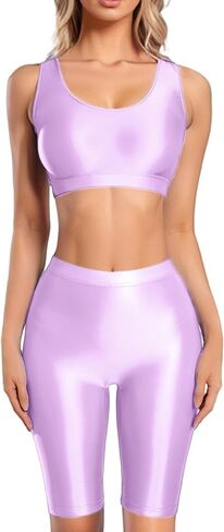 FEOYA Women's Oil Shiny Racerback Crop Tank Top and Knee Length Biker Shorts Set for Disco Party Club in Saudi Arabia