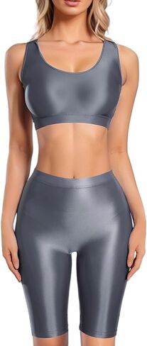 FEOYA Women's Oil Shiny Racerback Crop Tank Top and Knee Length Biker Shorts Set for Disco Party Club in Saudi Arabia