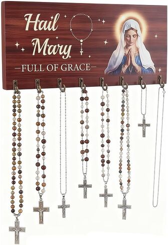 DICOSMETIC Wooden Rosary Holder Wall Mounted with 8 Hangers Wall Mounted Necklace Organizer Large Catholic Rosary Holder for Necklace, Bracelet Prayer Storage, 14x30x2.4cm in Saudi Arabia