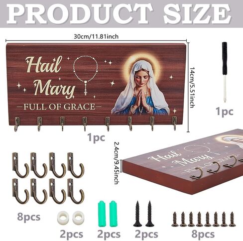 DICOSMETIC Wooden Rosary Holder Wall Mounted with 8 Hangers Wall Mounted Necklace Organizer Large Catholic Rosary Holder for Necklace, Bracelet Prayer Storage, 14x30x2.4cm in Saudi Arabia