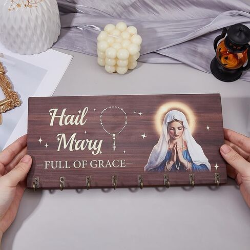 DICOSMETIC Wooden Rosary Holder Wall Mounted with 8 Hangers Wall Mounted Necklace Organizer Large Catholic Rosary Holder for Necklace, Bracelet Prayer Storage, 14x30x2.4cm in Saudi Arabia
