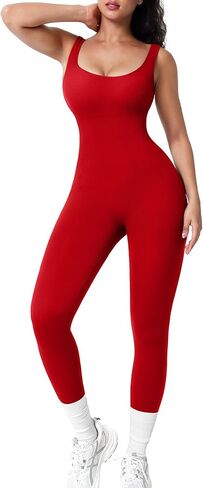 Popilush Light Green Jumpsuits for Women Bodycon Bodysuits Square Neck Sleeveless Tummy Control Rompers Ribbed Jumpsuit L in Kuwait