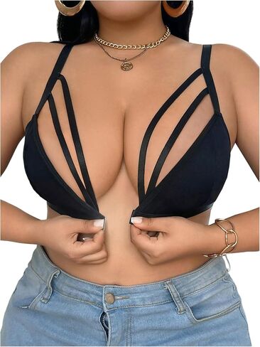 SOLY HUX Plus Size Bras for Women Front Closure Cut Out Deep V Neck Mesh Wireless Bra Comfort Bralette in Saudi Arabia