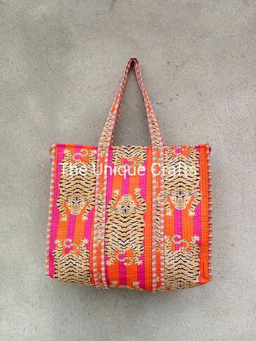 Generic Quilted Cotton Handprinted Reversible Tote Bag, Indian Block Print, Pink & Orange Stripe, Women's, 15" x 18" x 13" in Saudi Arabia