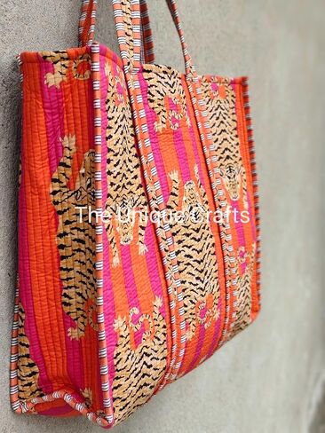 Generic Quilted Cotton Handprinted Reversible Tote Bag, Indian Block Print, Pink & Orange Stripe, Women's, 15" x 18" x 13" in Saudi Arabia