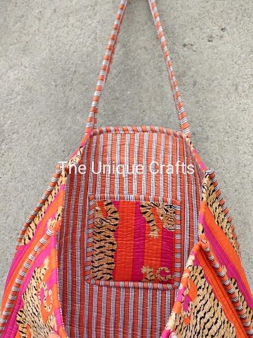 Generic Quilted Cotton Handprinted Reversible Tote Bag, Indian Block Print, Pink & Orange Stripe, Women's, 15" x 18" x 13" in Saudi Arabia