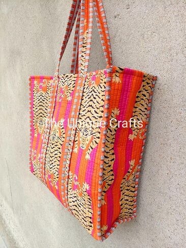 Generic Quilted Cotton Handprinted Reversible Tote Bag, Indian Block Print, Pink & Orange Stripe, Women's, 15" x 18" x 13" in Saudi Arabia