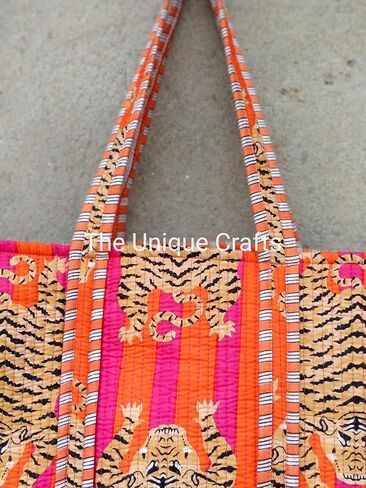 Generic Quilted Cotton Handprinted Reversible Tote Bag, Indian Block Print, Pink & Orange Stripe, Women's, 15" x 18" x 13" in Saudi Arabia