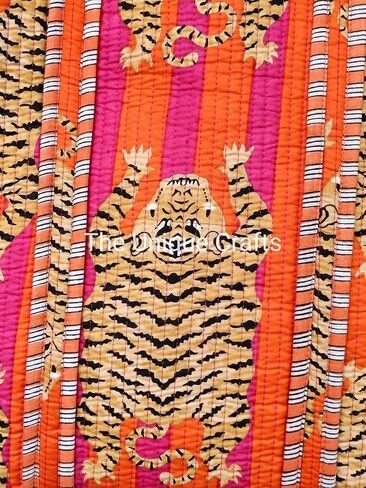 Generic Quilted Cotton Handprinted Reversible Tote Bag, Indian Block Print, Pink & Orange Stripe, Women's, 15" x 18" x 13" in Saudi Arabia