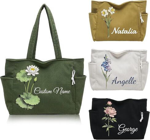 Personalized Corduroy Tote Bag Custom Birth Flower & Name Corduroy Bag for Women Large Shoulder Bag Personalized Gifts | Corduroy material in Saudi Arabia