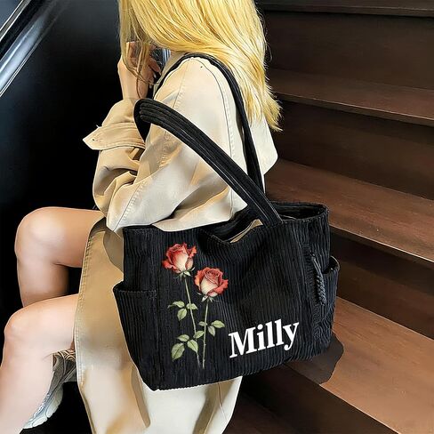 Personalized Corduroy Tote Bag Custom Birth Flower & Name Corduroy Bag for Women Large Shoulder Bag Personalized Gifts | Corduroy material in Saudi Arabia