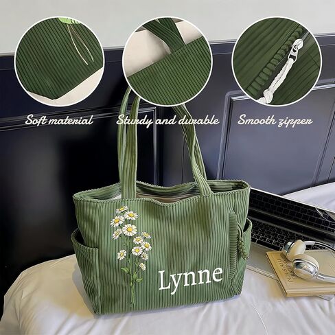 Personalized Corduroy Tote Bag Custom Birth Flower & Name Corduroy Bag for Women Large Shoulder Bag Personalized Gifts | Corduroy material in Saudi Arabia