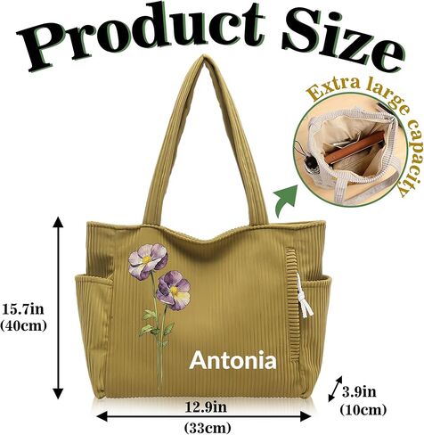 Personalized Corduroy Tote Bag Custom Birth Flower & Name Corduroy Bag for Women Large Shoulder Bag Personalized Gifts | Corduroy material in Saudi Arabia