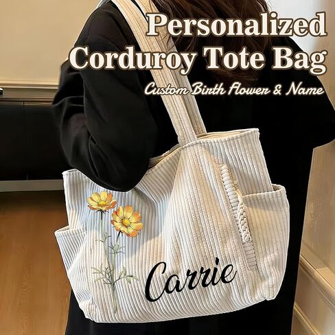 Personalized Corduroy Tote Bag Custom Birth Flower & Name Corduroy Bag for Women Large Shoulder Bag Personalized Gifts | Corduroy material in Saudi Arabia