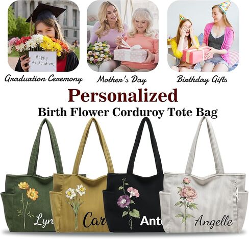Personalized Corduroy Tote Bag Custom Birth Flower & Name Corduroy Bag for Women Large Shoulder Bag Personalized Gifts | Corduroy material in Saudi Arabia