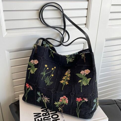 Women Tote Bag with Floral Embroidery, Lightweight Handbag, Zipper Casual Tote's Handbag Big Capacity Shoulder Bag for Commute, Outings & Casual Gatherings, Black in Saudi Arabia