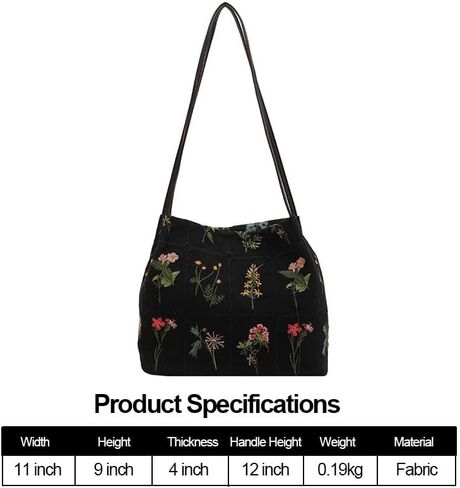 Women Tote Bag with Floral Embroidery, Lightweight Handbag, Zipper Casual Tote's Handbag Big Capacity Shoulder Bag for Commute, Outings & Casual Gatherings, Black in Saudi Arabia