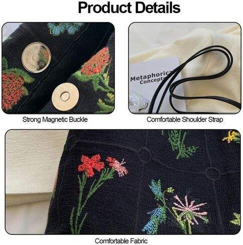 Women Tote Bag with Floral Embroidery, Lightweight Handbag, Zipper Casual Tote's Handbag Big Capacity Shoulder Bag for Commute, Outings & Casual Gatherings, Black in Saudi Arabia
