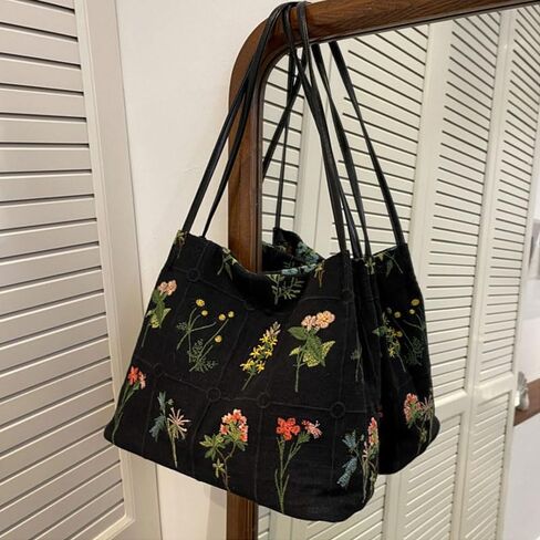 Women Tote Bag with Floral Embroidery, Lightweight Handbag, Zipper Casual Tote's Handbag Big Capacity Shoulder Bag for Commute, Outings & Casual Gatherings, Black in Saudi Arabia