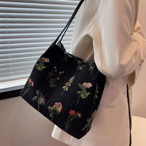 Women Tote Bag with Floral Embroidery, Lightweight Handbag, Zipper Casual Tote's Handbag Big Capacity Shoulder Bag for Commute, Outings & Casual Gatherings, Black in Saudi Arabia