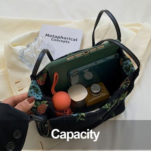 Women Tote Bag with Floral Embroidery, Lightweight Handbag, Zipper Casual Tote's Handbag Big Capacity Shoulder Bag for Commute, Outings & Casual Gatherings, Black in Saudi Arabia