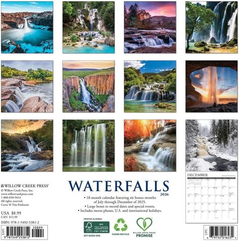 Willow Creek Press, Waterfalls 2026 Mini Wall Calendar, 7'' X 7'', 18-Month Calendar with Stapled Binding in Saudi Arabia
