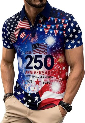 250 Anniversary USA Polo Shirt,Men's Independence Day Golf Shirts Short Sleeve Patriotic Golf Shirts for Men in Kuwait