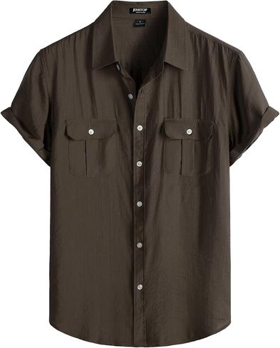 JEMITOP Men's Linen-Like Shirt Casual Stylish Short Sleeve Button Down Shirts for Summer Beach Vacation with 2 Pockets in Kuwait