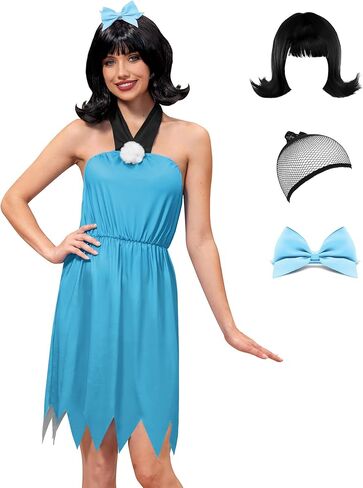 Women's Halloween Blue Rubble Costume Dress Outfit with Bow and Wig in Saudi Arabia