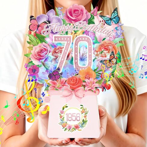 70th Birthday Cards, Light and Music 70 Years Old Happy Birthday Card, Rose Lily Orchid and Butterflies, 10 Inch Forever Flower Bouquet 3D Pop Up 1956 Birthday Gift Card for Women Wife Mom Grandma Sister in Saudi Arabia