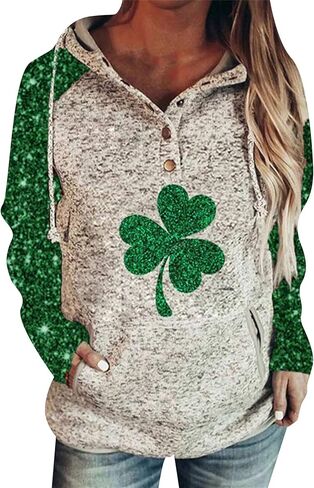 EFOFEI المرأة عيد القديس باتريك الخامس الرقبة سترة أعلى البرسيم ورقة طباعة البلوز طويلة الأكمام شامروك هوديس in Kuwait