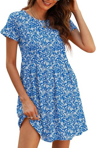 فستان Naggoo نسائي قصير الأكمام صيفي قصير كاجوال من Aline Boho مزين بالزهور مع جيوب in Kuwait