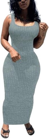 PINSV Women's Bodycon Maxi Dress Stretchy Sleeveless Tank Dress Summer Long Ribbed Casual Beach Party Dress in Kuwait