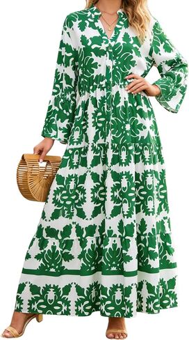 Womens Spring Long Sleeve Boho Dress Ruffle Floral Maxi Dress Button Down Flowy Long Dresses with Pockets Beach Dresses in Saudi Arabia