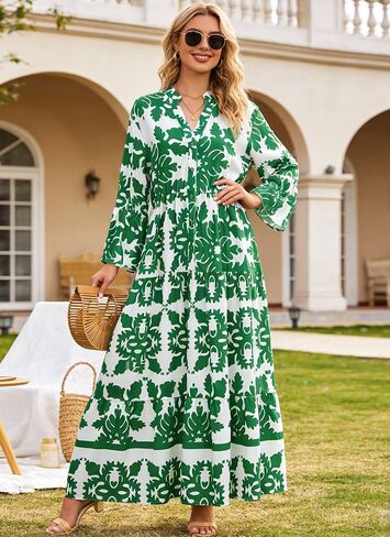 Womens Spring Long Sleeve Boho Dress Ruffle Floral Maxi Dress Button Down Flowy Long Dresses with Pockets Beach Dresses in Saudi Arabia