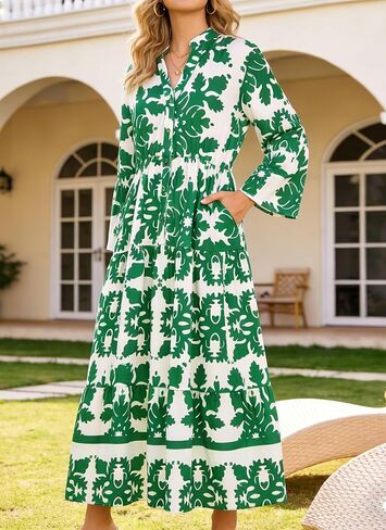 Womens Spring Long Sleeve Boho Dress Ruffle Floral Maxi Dress Button Down Flowy Long Dresses with Pockets Beach Dresses in Saudi Arabia