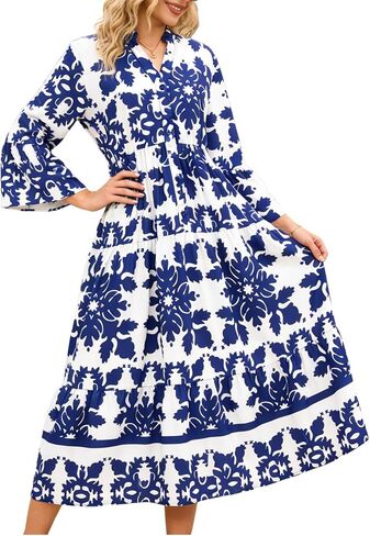 Womens Spring Long Sleeve Boho Dress Ruffle Floral Maxi Dress Button Down Flowy Long Dresses with Pockets Beach Dresses in Saudi Arabia