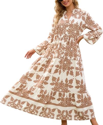 Womens Spring Long Sleeve Boho Dress Ruffle Floral Maxi Dress Button Down Flowy Long Dresses with Pockets Beach Dresses in Saudi Arabia