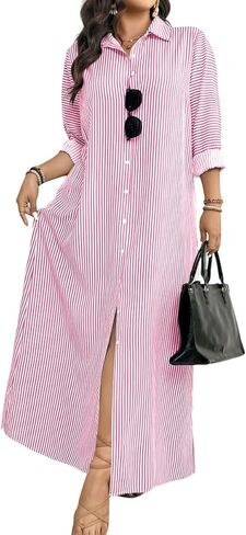 CHOUYATOU Women's Casual Long Sleeve Striped Shirt Dress Loose Fit Cotton Maxi Long Button Down Dress in Saudi Arabia