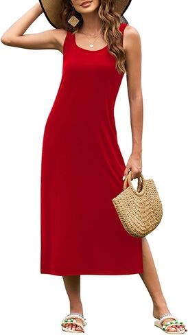 فستان نسائي بدون أكمام من Naggoo فستان صيفي متوسط ​​الطول كاجوال برقبة واسعة وفتحة أساسية وطويلة فساتين الشمس مع جيوب in Kuwait