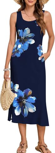 Naggoo Women's Sleevelee Tank Dress Midi Summer Casual Scoop Neck Basic Split Maxi Tshirt Sundresses with Pockets in Saudi Arabia
