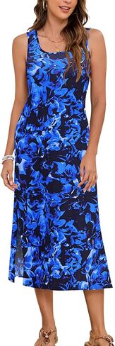 Naggoo Women's Sleevelee Tank Dress Midi Summer Casual Scoop Neck Basic Split Maxi Tshirt Sundresses with Pockets in Saudi Arabia